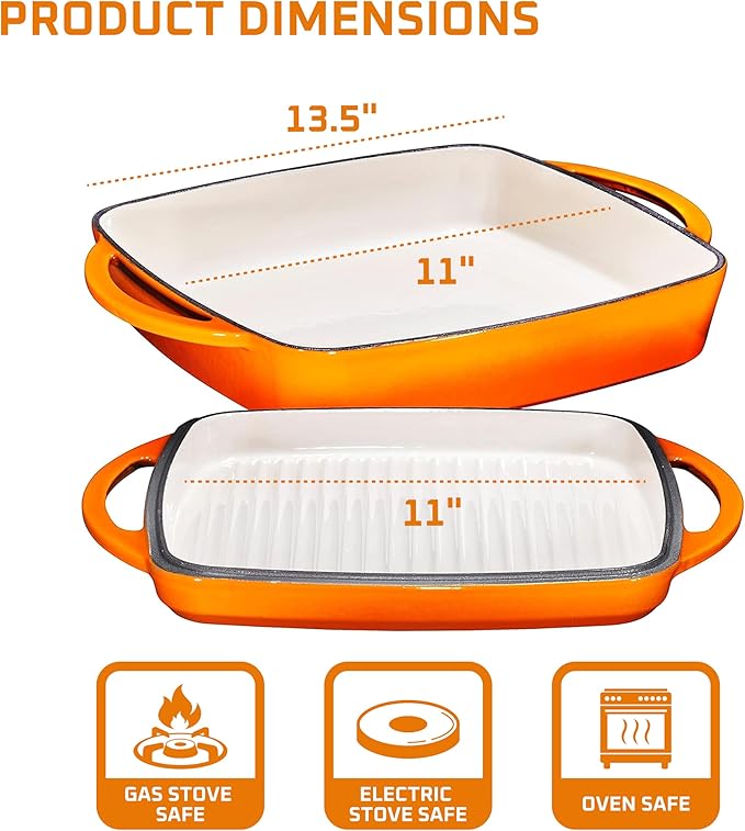 Bruntmor 2-in-1 Square Pumpkin Spice Cast Iron Dutch Oven With Handles, Enamel All-in-One Cookware Set, Braising Pan For Casserole Dish, Crock Pot Covered Cast Iron Skillet