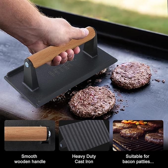 HTB Heavy-Duty Cast Iron Barbecue Press, Wood Handle Meat Steak Smash for Juicy Crispy Burgers on BBQ, Griddle, Camping Rectangle (Striped 088R)