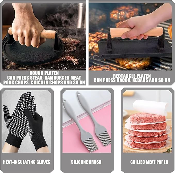 Smash Burger Press Kit 56 Pcs,7.9 Inch Cast iron hamburger smasher tool,Burger Smasher, Bacon Press,Burger Tool for Grill and Griddle Accessories,Barbecues and Tailgates