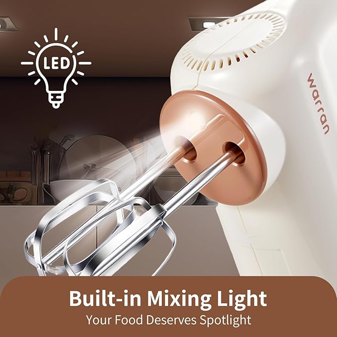 300W Compact Lightweight Electric Hand Mixer, with Powerful Quiet DC Motor for Baking, Cake, Brownies, Cookie Dough, Ideal for Home Kitchen (White)