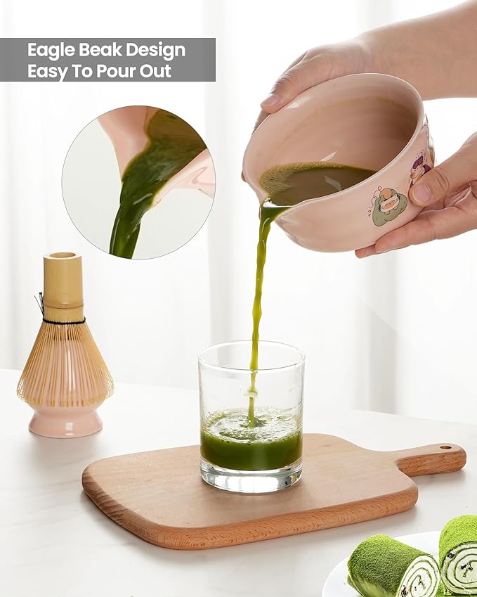 Matcha Whisk Set,7 Pcs Pink Matcha Kit with Ceramic Bowl,Bamboo Whisk & Holder,Scoop,Rest,Sifter and Tea Towel–Japanese Tea Set for Matcha Lovers