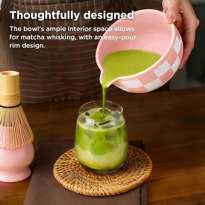 Matcha Whisk Set Gift Box - Pink Matcha Set with Whisk and Bowl, 7 Pcs Matcha Kit Includes Ceramic Matcha Bowl, Bamboo Whisk & Holder, Scoop & Rest, Sifter and Tea Towel, Complete Matcha Making Kit