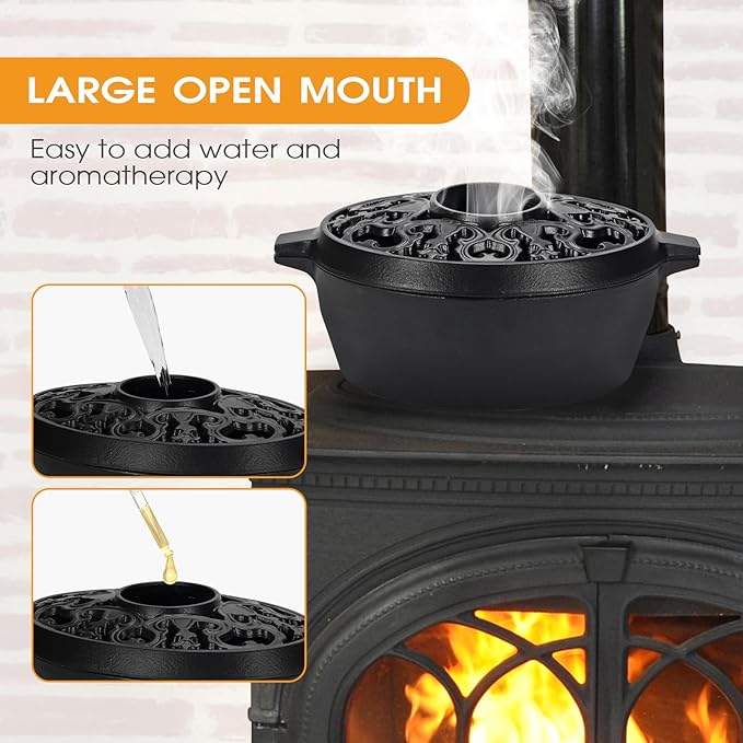 Wood Stove Steamer,2.5Quart Cast Iron Humidifier for Wood Stove,Large Capacity Wood Stove Humidifier,Large Diameter Mouth Lattice Top Rust Resistant Fireplace Humidifier Pot,Black