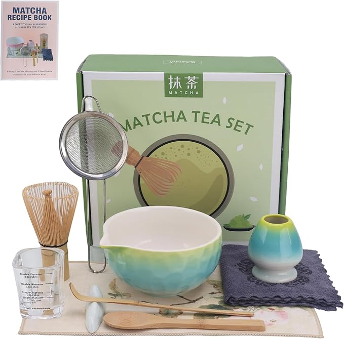 Matcha Whisk Set – 10 Pcs Matcha Set Whisk and Bowl – Ceremonial Matcha Kit, Matcha Starter Kit & Accessories – Glazed Aqua Ombre Japanese Matcha Set Gift for Tea Ceremony and Matcha Lovers