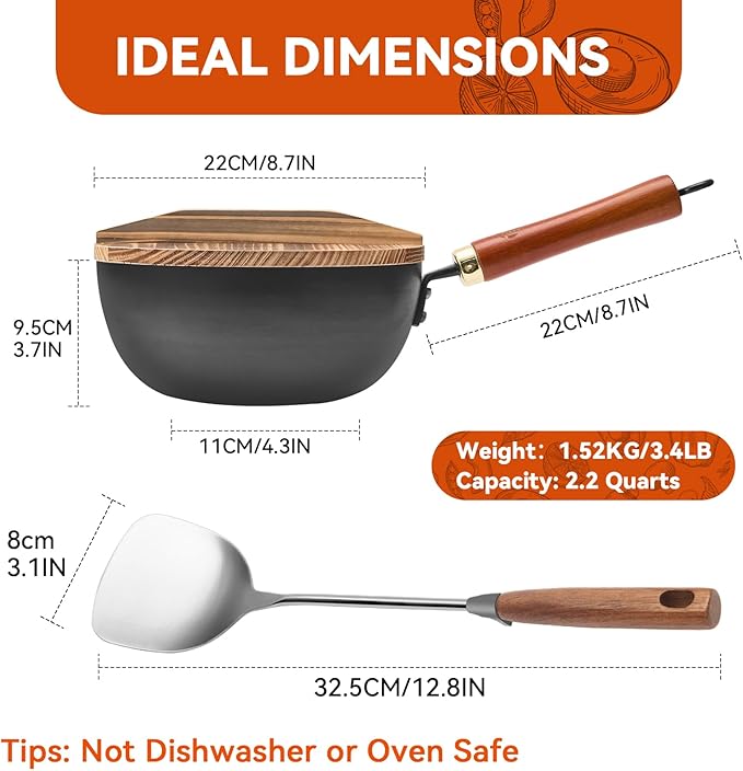 WANGYUANJI 8.7" Small Iron Wok with Solid Wood Lid & Wok Spatula, Deep Frying Pan/Pot, Flat-Bottom, Uncoated & Unseasoned, Induction/Gas/Electric Compatible, Wooden Handle, 2.2-QT