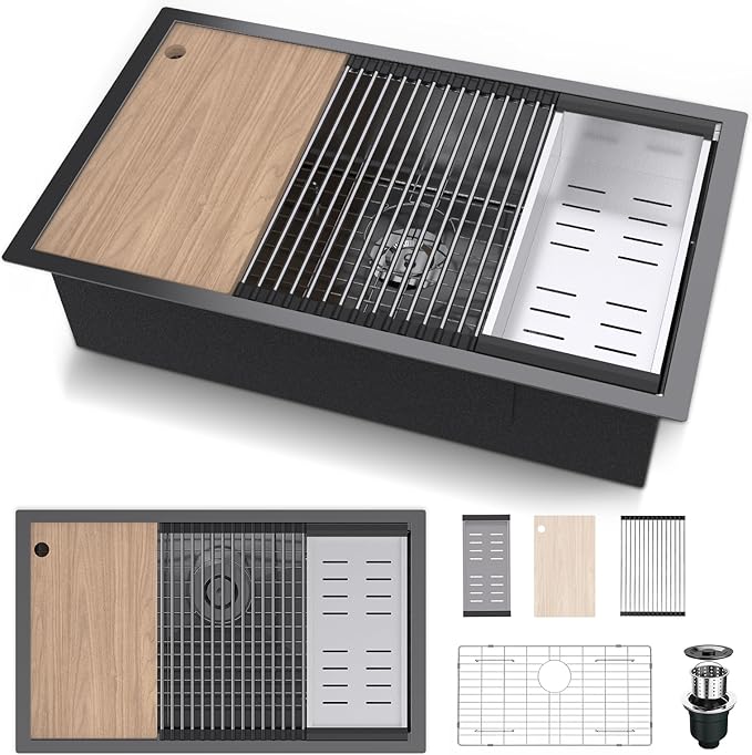 30"x19" Undermount Kitchen Sink Cabient, 16 Gauge Single Bowl Stainless Steel Kitchen Sink, Nano Coating & Brushed Finish Matte Black Undermount Workstation with Ledge and Accessories