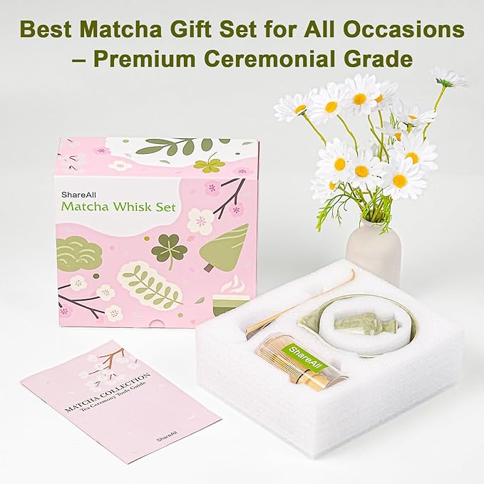 Matcha Whisk Set - 5Pcs Japanese Tea Set Includes Matcha Bowl with Spout, Bamboo Whisk with Holder, Scoop & Sifter, Essential Matcha Kit for Tea Ceremony, Gift for Beginners (Speckled Green)
