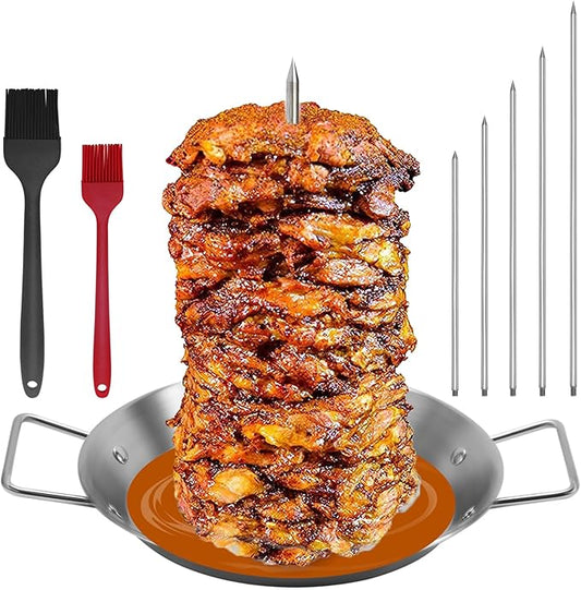 Al Pastor Skewer for Grill, Stainless Steel Vertical Skewer, Brazilian Vertical Spit with 5 Removable Spikes(6"/8”/10"/12”/14")& Brushes, for Tacos Al Pastor, Shawarma Kebabs Smoker Oven BBQ Dishes
