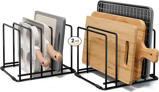 2-Pack Baking Sheet Organizer Rack – 5-Slot Bakeware & Cookie Tray Holder for Kitchen Cabinet or Countertop, Compact Stainless Steel Cutting Board Rack with Rust-Resistant Frame & Anti-Slip Feet