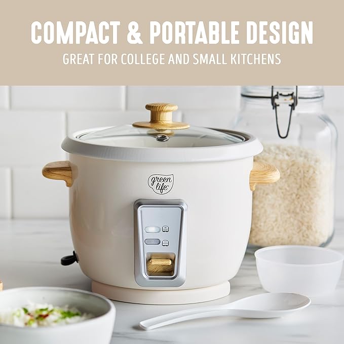 GreenLife Electric Rice Cooker, 3-Cups Uncooked/6-Cups Cooked, Removable PFAS-Free Nonstick Pot, One-Switch Design, Auto Keep Warm, Small Space Saving, Rice Paddle, Soup, Grains, Oatmeal, 1.5 QT, Cream