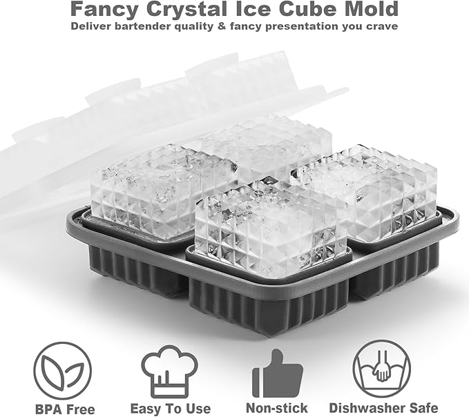 Nax Caki 3D Square Ice Cube Tray, Large Square Silicone Fun Shapes Whiskey Ice Mold with Funnel for Cocktails, Bourbon,Brandy, Whiskey Gifts for Men Black