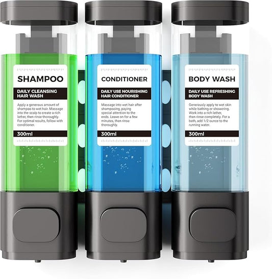 3-Chamber Wall Mounted Shampoo and Conditioner Dispenser,300ML Each Shower Soap Dispenser,Easy Refill,No Drip,Ideal for Shampoo,Conditioner,Body Wash for Bathroom Kitchen Hotel