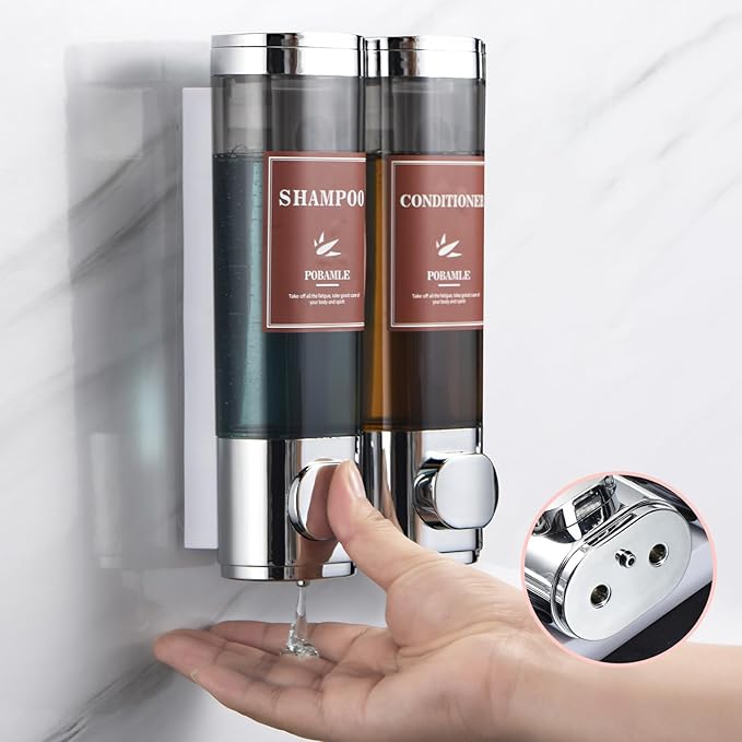 Shampoo and Conditioner Dispenser Wall Mounted Shower Soap Dispenser No Drill Shampoo Dispenser for Shower 2 Chamber Bathroom Body Wash Shower Gel Holder Chrome