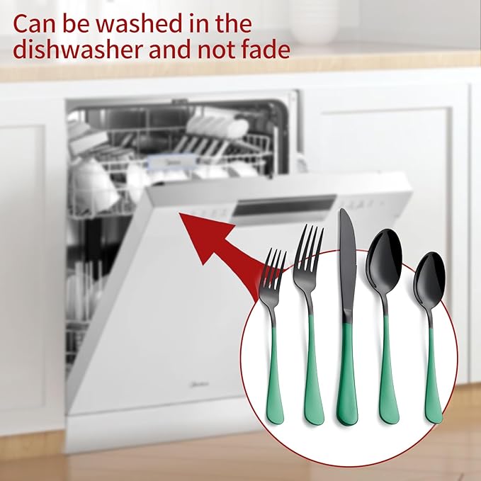 20-Piece Green Silverware Set - 18/0 Stainless Steel, Black Silverware Set With Green Handles - Dinner Knives, Forks, Spoons - Dishwasher Safe