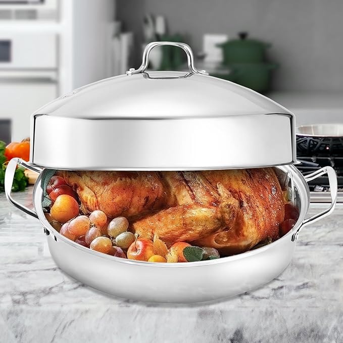 Roasting Pan With Rack and Lid,Oval Stainless Steel Turkey Roasting Pan,22INCH(With Handle), Dishwasher Safe Bakeware for Turkey,Roasted Chicken,Beef or Veggies,by DIMESHY
