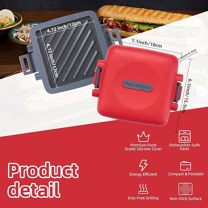 Microwave Toastie Sandwich Maker, Snack Maker & Panini Press, Removable Non-Stick Plates Silicone Microwavable Cookware, Heatwave Technology, Red