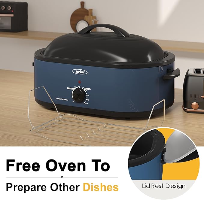 Roaster Oven, Electric Roaster Oven with Viewing Lid, Large Roaster with Removable Pan & Rack, Turkey Roaster with Unique Defrost/Warm Function, Stainless Steel, Blue, 20QT