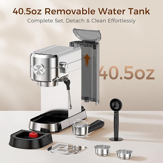 Kndko Espresso Machine, 20 Bar Espresso Maker with Milk Frother, Compact Stainless Steel Coffee Machine with 40.5oz Removable Water Tank for Cappuccino, Latte