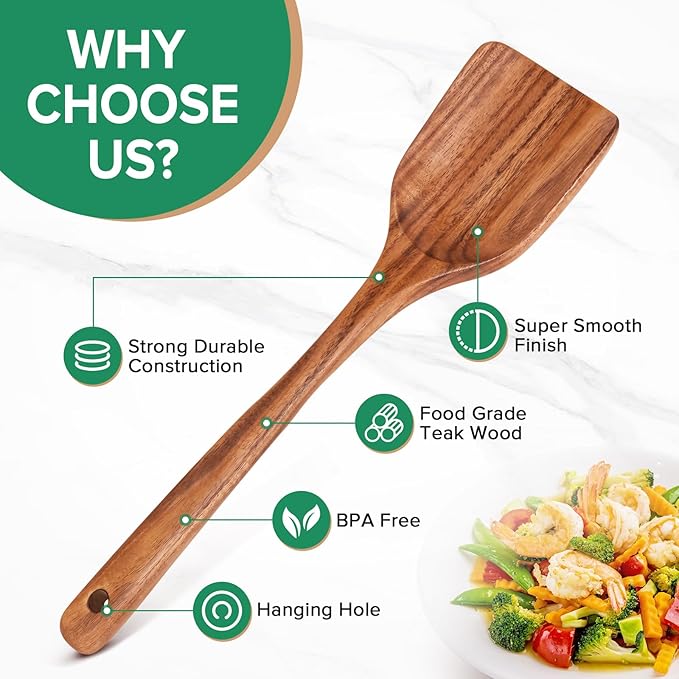 Teak Wood Spatula for Cooking, Wooden Kitchen Cooking Utensil, Large Long Handle Solid Wok Spatula Flipper with Raised Sides for Serving Scooping Frying Mixing Stirring Eggs Beans,Non-Toxic,13.4″,1Pk