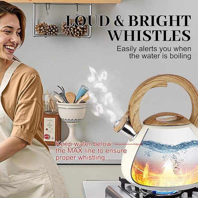 MARSKITOP Tea Kettle Tea Pot for Stove, 2.6 Quart Loud Whistling Teapot for Stovetop, Food Grade Stainless Steel Water Kettle Stovetop with Anti-Hot Handle, Cream White