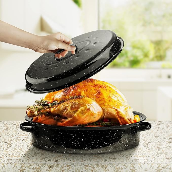 18Inch Roasting Pan, Enamel on Steel, Black Covered Oval Roaster Pan with Lid, Large Cookware for Turkey, Small Chicken, Roast Baking Pan.