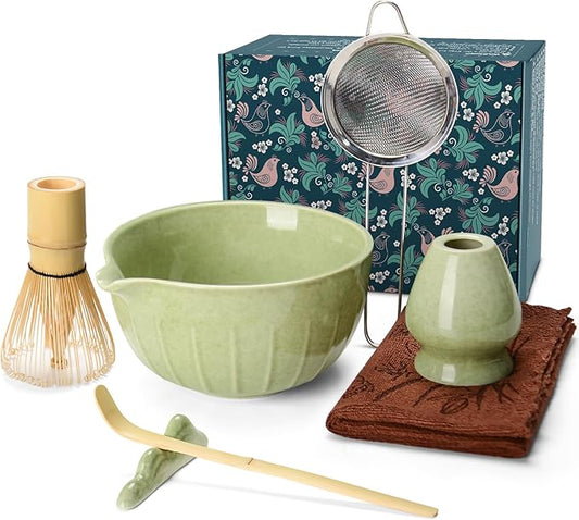 MONOJOY Matcha Whisk Set Ceramic Bowl Kit with Spout, Bamboo Chasen and Holder, Scoop Rest,Sifter Tea Towel Ceremonial Cute Matcha Tea Making Tool,Gift Perfect for Latte Lovers | Beginners,7pcs