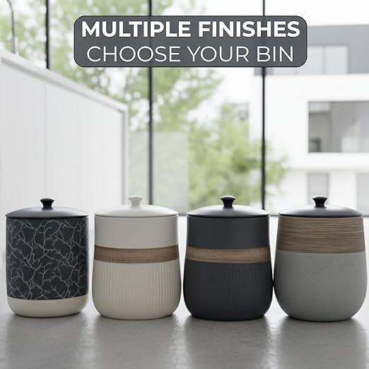 Escenzy Black Bathroom Trash Can with Lid 5L | 7" x 10" | Decorative Small Garbage Can | Modern Ceramic Waste Basket for Bathroom, Bedroom, Kitchen, Hotels or Living Room Decor | Luxe Restroom Decor