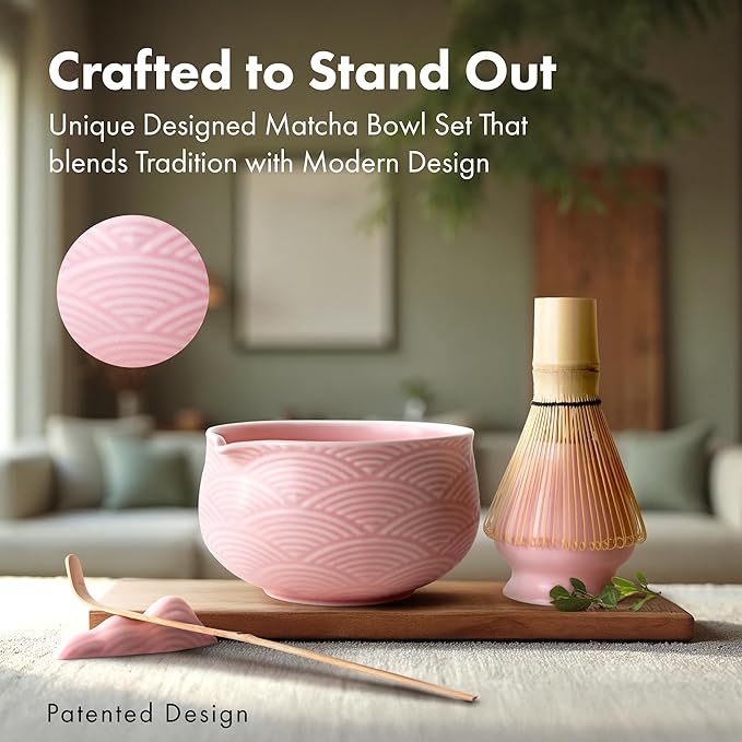 Matcha Kit Whisk Set (7 Pcs) - Complete Matcha Set, Matcha Bowl with Spout, Whisk with Holder, Bamboo Scoop with Rest and Sifter, Perfect Kit for Matcha Lovers (Sakura Pink)