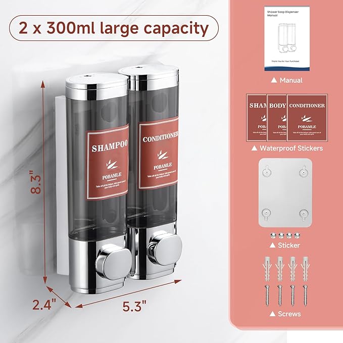 Shampoo and Conditioner Dispenser Wall Mounted Shower Soap Dispenser No Drill Shampoo Dispenser for Shower 2 Chamber Bathroom Body Wash Shower Gel Holder Chrome