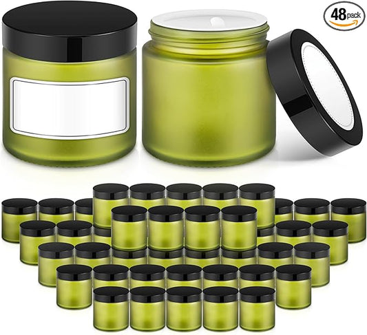 Tecohouse 4 oz Glass Jars with Lids, 48 Pack Green Canning Mason Jars with Lids, White Labels & Inner Liners, Empty Airtight Round Clear Slime Containers for Spice, Lotion, Ointments