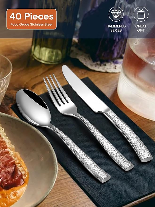 Stapava 40 Pcs Hammered Silverware Set for 8, Mirror Stainless Steel Flatware Cutlery Set, Include Knifes Forks and Spoons Silverware Set, Dishwasher Safe Utensils Set for Home Hotel