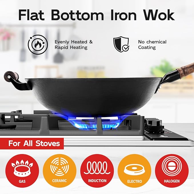 WANGYUANJI 13.4" Chemical-Free Iron Wok with Lid and Iron Spatula, Flat Bottom Stir Fry Pan for All Stovetops