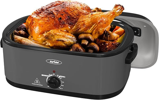 Roaster Oven, Electric Roaster Oven with Viewing Lid, Large Roaster with Removable Pan & Rack, Turkey Roaster with Unique Defrost/Warm Function, Stainless Steel, Grey, 26QT