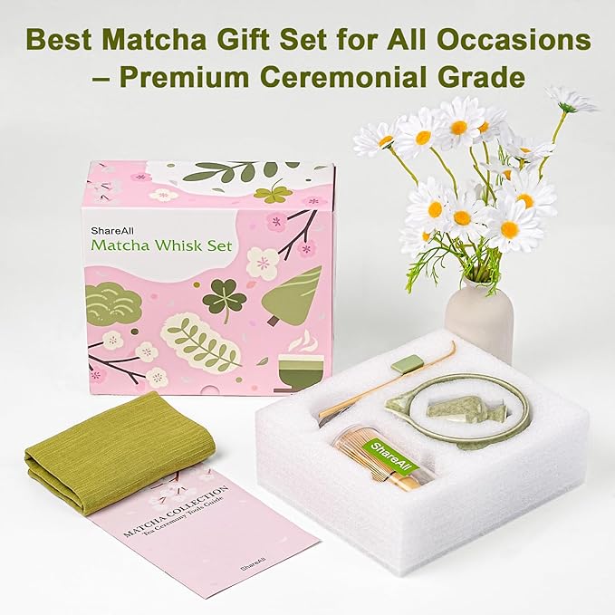 Matcha Whisk Set, 7Pcs Matcha Set - 18oz Matcha Bowl with Spout, Bamboo Matcha whisk & Ceramic Holder, Sifter/Scoop/Stand/Towel, Matcha Kit for Tea Lovers, Ideal Gift Set (Speckled green)