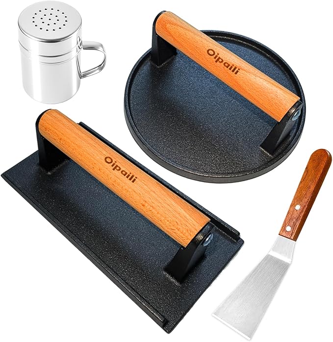 Smash Burger Press Kit for Griddle, 4 in 1 Heavy-Duty Cast Iron Round Burger Smasher & Rectangle Grill Press Meat Steak Weight for Bacon, Paninis, Hamburger, Sandwich, with Spatula & Seasoning Shaker