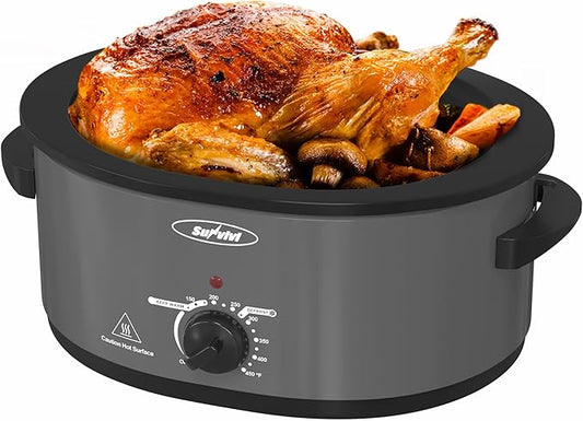 Sunvivi Roaster Oven with Self-Basting Lid, Electric 8-Quart Turkey Roaster Oven with Removable Pan and Rack, Stainless Steel, Gray