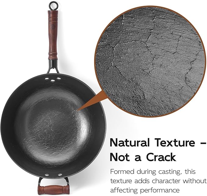 WANGYUANJI 14.2" Chemical-Free Iron Wok with Lid and Iron Spatula, Flat Bottom Stir Fry Pan for All Stovetops