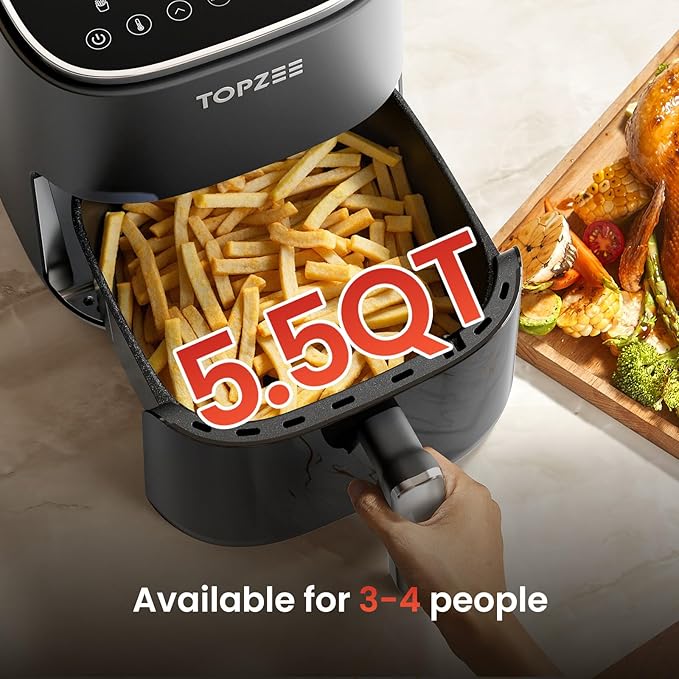TOPZEE Air Fryer 12-in-1 with 5.5 QT Large Capacity, Compact Air Fryer, 100-400℉ Precise Heat, 360°Hot Air Circulation, 95% Less Oil, Bake, Dry, Reheat, Frozen, Broil, Proof, Black