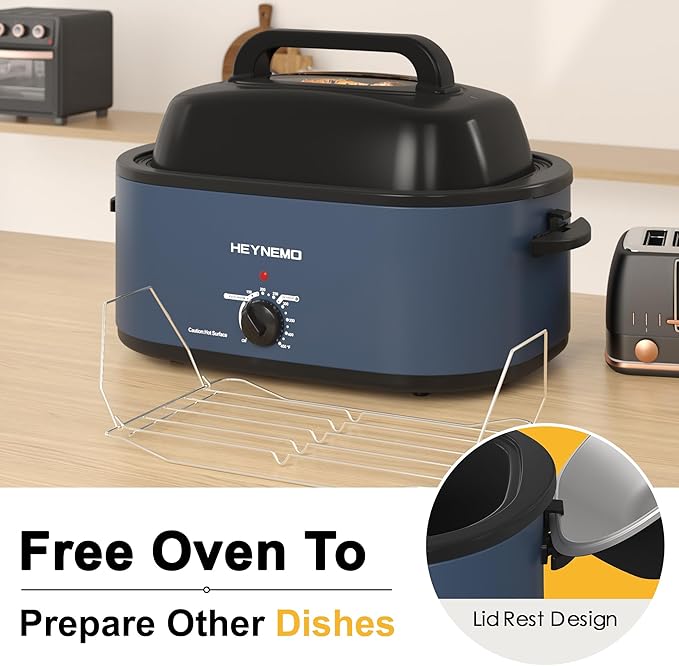 24QT Electric Roaster Oven, Electric Turkey Roaster with Viewing & Self-basting Lid, Stainless Steel Turkey Roaster Oven, Blue