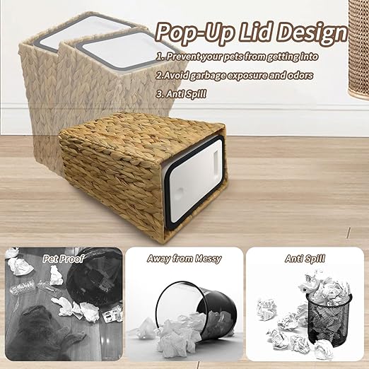 NAIJUTE Wicker Trash Can,3 Gallon Wicker Waste Basket,Boho Handwoven Trash Can with Lid for Kitchen Bathroom Office