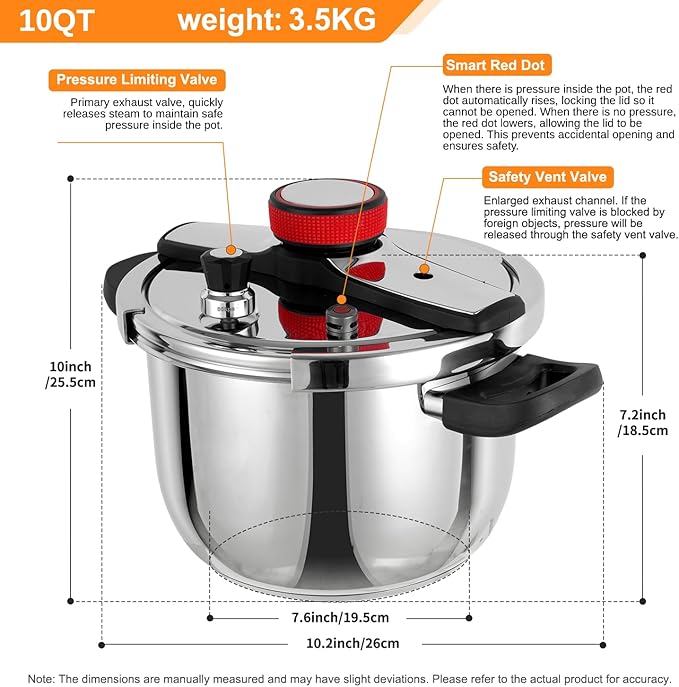 Pressure Cooker 10 QT, Stainess Steel Pressure Canner 10 Quart, Explosion-Proof Cookware, Rotating Lock/Unlock Lid, One-handed lid opening, Thickened Silicone Ring And Anti-scald Handle, Silver