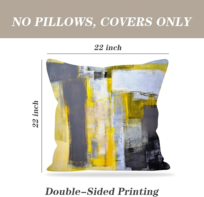 Yellow and Grey Abstract Art Artwork Pillow Cover, Gallery Modern Decorative Throw Pillows Cushion Cover for Bedroom Sofa Living Room 22 x 22 Inch Set of 2