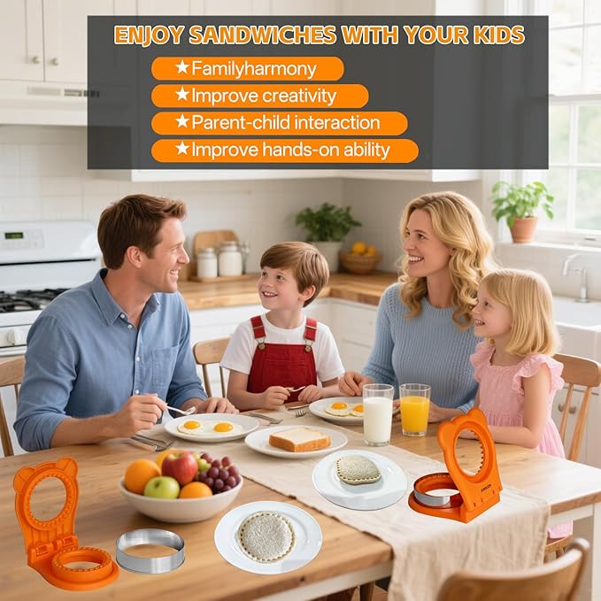 Sandwich Cutter and Sealer - 3.7" Circle & Square Pocket Sandwich Maker, Intuitive & Easy-to-Use for Boys &Girls, Perfect for Breakfast & Lunchboxes (Orange, Round)