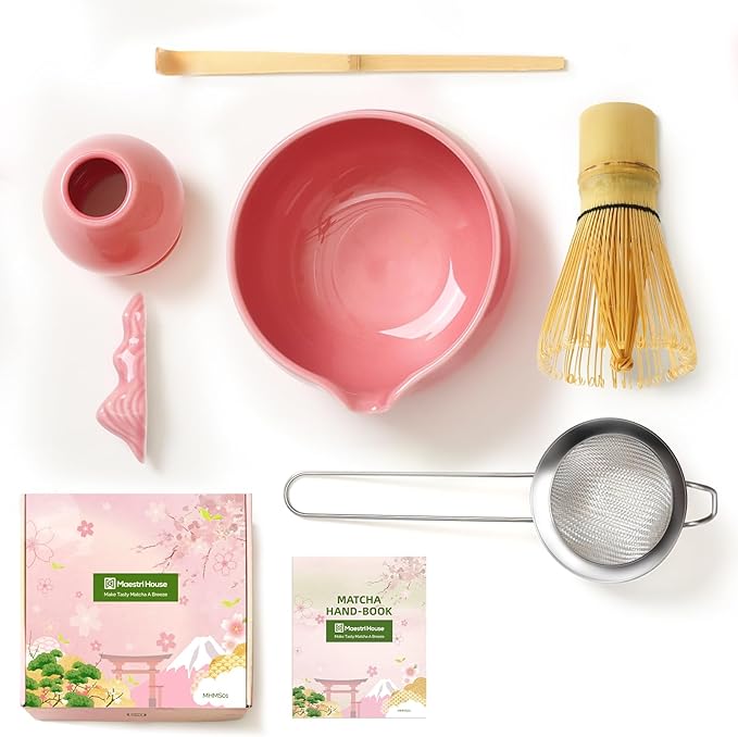 Maestri House Matcha Whisk Set, 7 Pcs Ceramic Matcha Kit with Spouted Bowl, Matcha Whisk & Holder, Bamboo Scoop, Scoop Rest, Sifter & Cloth – Complete Matcha Gift Set for Beginners & Tea Lovers(Pink)