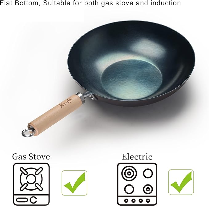 臻三环 ZhenSanHuan HandHammered Iron Wok Flat Bottom Induction Suitable (34CM Wood Handle with Help)