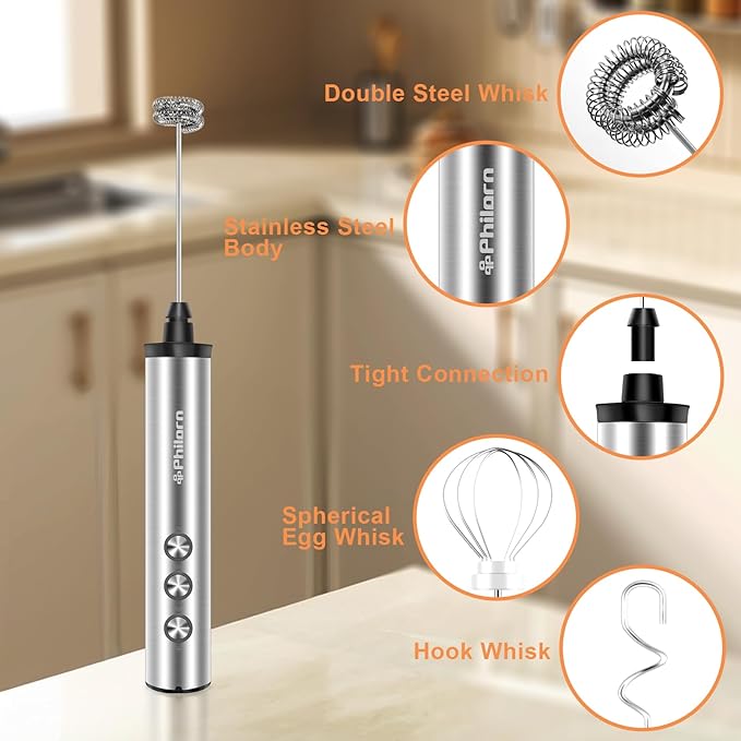 Philorn Milk Frother Rechargeable with Stand, Handheld Frother Wand for Coffee with 3 Heads 3 Speed, Powerful Hand Mixer Electric Whisk for Latte, Cappuccino, Frappe, Matcha, Hot Chocolate, Keto Diet