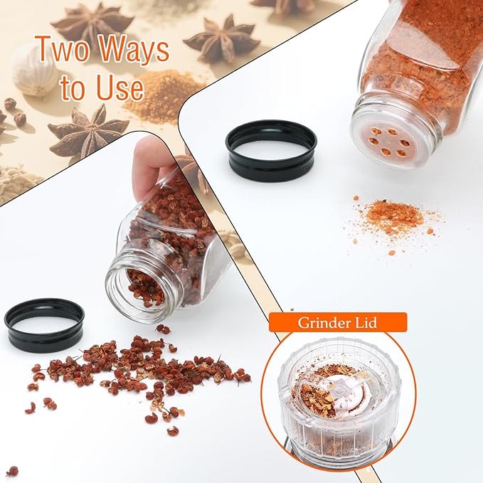8oz Glass Spice Jars with Grinder Lids, Square Spice Bottles with Deeper Shaker Lids and Airtight Metal Caps, Seasoning Containers for Spice Organization, Fits Cabinet, Drawer, Spice Rack, 15 pack