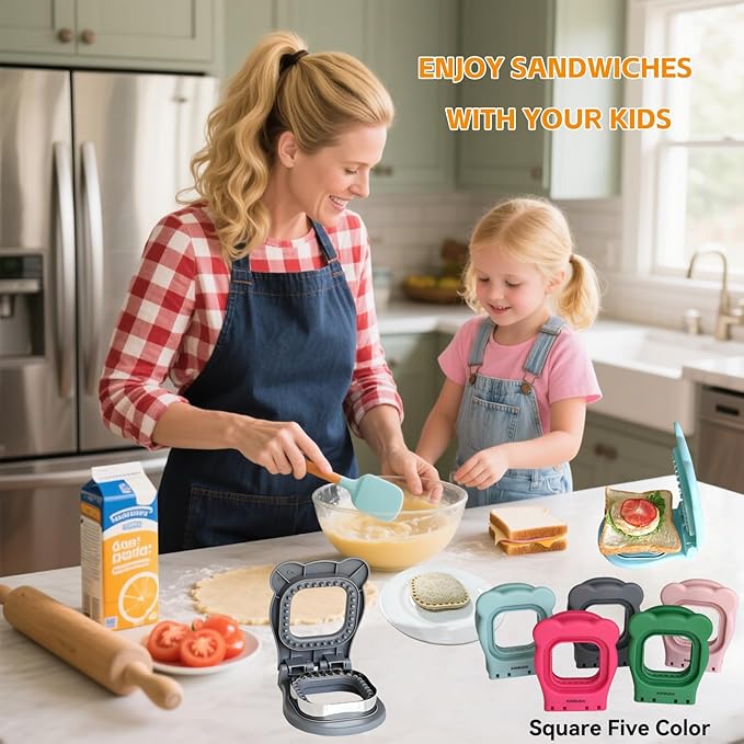 Sandwich Cutter and Sealer - 3.7" Circle & Square Pocket Sandwich Maker, Intuitive & Easy-to-Use for Boys &Girls, Perfect for Breakfast & Lunchboxes (Gray, Square)