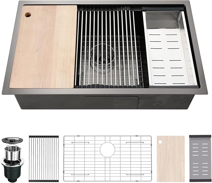 28"x19" Undermount Kitchen Sink Cabient, 16 Gauge Single Bowl Stainless Steel Kitchen Sink, Nano Coating & Brushed Finish Matte Black Undermount Workstation with Ledge and Accessories