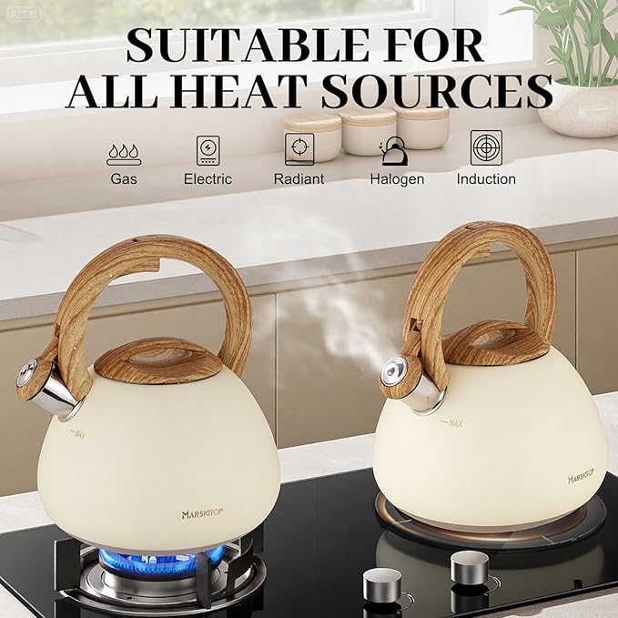 MARSKITOP Tea Kettle Tea Pot for Stove, 2.6 Quart Loud Whistling Teapot for Stovetop, Food Grade Stainless Steel Water Kettle Stovetop with Anti-Hot Handle, Cream White
